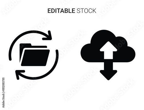 Folder synchronization and cloud data transfer icons set. digital file management system.