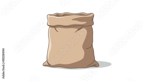 An empty open brown burlap sack sits centered on a white background