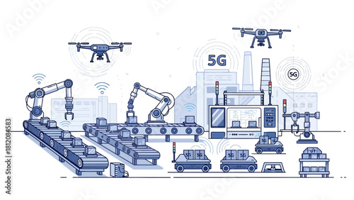 Automated factory with drones robots and 5G technology