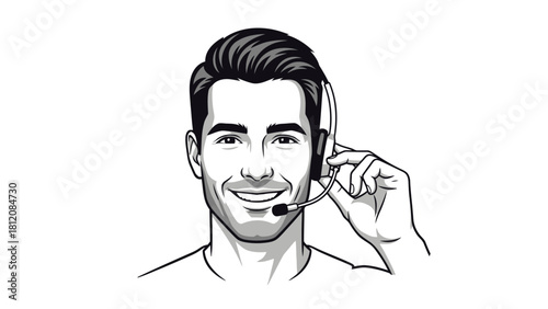 Black and white illustration of a man wearing a headset