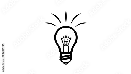 Black and white line drawing of a light bulb with radiating lines