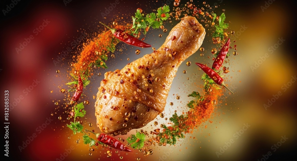 Obraz premium A chicken drumstick with spices and herbs flying in the air.