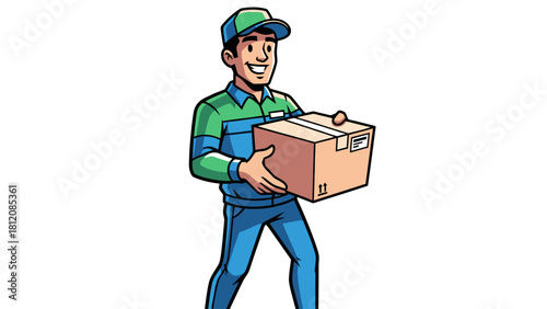 Cartoon delivery person in blue and green uniform holding a cardboard box