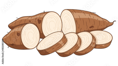 Cartoon illustration of sliced and whole cassava roots