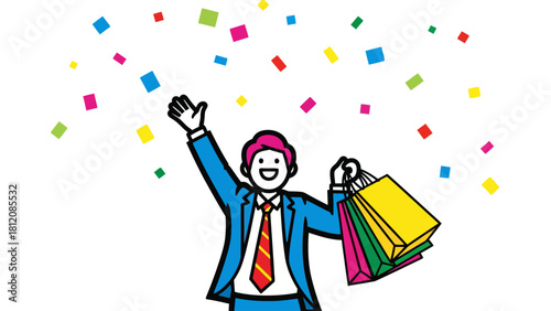 Cheerful person in suit holding shopping bags amidst confetti