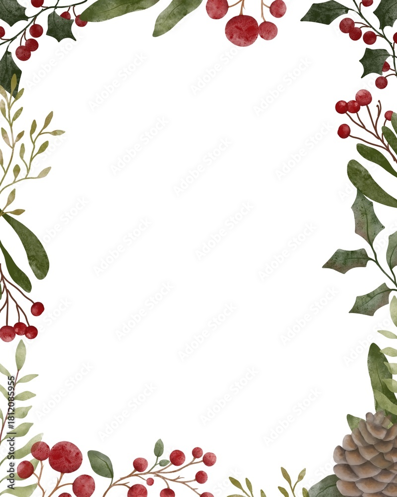 Fototapeta premium Merry Christmas and Happy new year template. Design for card, greetings, invitation. Berries, leaves