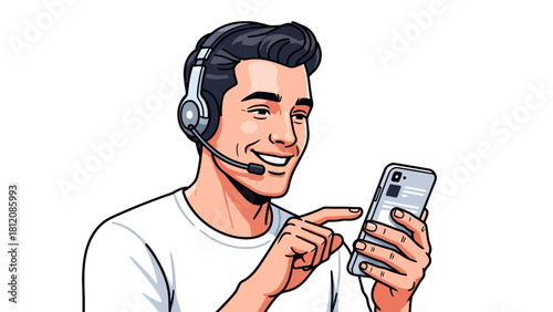 Customer service representative with headset and phone
