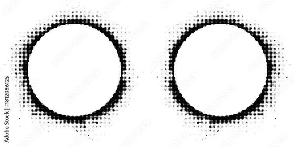 Naklejka premium Halftone gradient circles collection. Dots textured round patterns. Cartoon comic radial faded background set. Abstract pixelated elements for frame, poster, collage, banner, flyer. Vector bundle