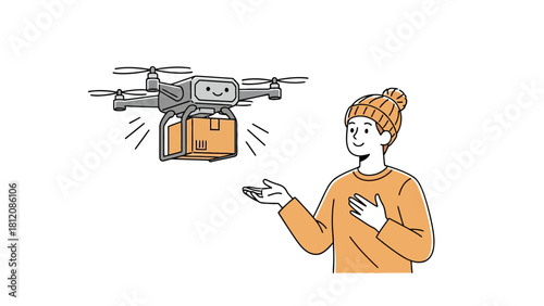 Drone delivering package to smiling person in beanie