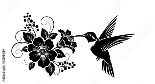 Elegant Hummingbird Silhouette with Floral Accents in Black and White.