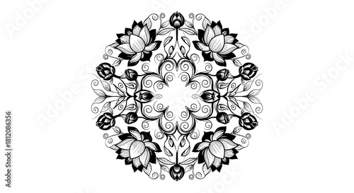 Elegant Lotus Flower Mandala Design in Black and White.