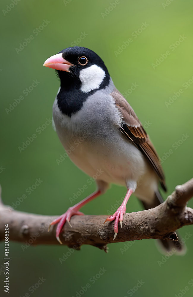 Obraz premium Java sparrow perches on branch, its grey body contrasting with black head and white cheeks. Bird has pink beak, legs, and sits against blurred green background.