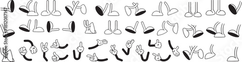 Retro cartoon legs and hands, Hands with gloves and feet with boots, various poses for characters, a set of poses, gestures, placement of hands and feet. Mascot character set. Cartoon set of limbs.