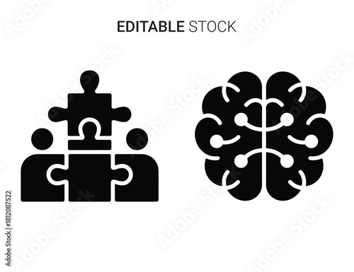 Team collaboration puzzle and artificial intelligence brain icons for problem solving concepts
