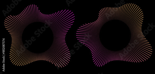 Sound equalizer icons with lines and dots, gradient neon circular sound wave frames, abstract radial music icons. Audio beat symbol concept isolated on dark background. Vector illustration.