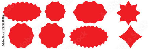 Set of Zig zag wavy edge red starburst circle shapes icon. Red color classic abstract elements with jagged edges. Vector illustration of silhouette blank for sicker, label, tag, badge, stamp, etc.