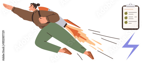 Person flying with a rocket backpack, checklist clipboard representing tasks, blue energy bolt symbolizing drive. Ideal for productivity, goal setting, motivation, success, ambition, innovation