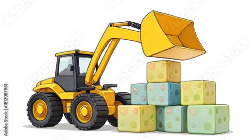 Yellow heavy equipment construction bulldozer excavator machine isolated on a white background