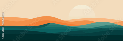 Abstract landscape poster with mid century mountain background contemporary vector art