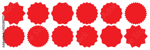 Set of red starburst, sunburst badges, Sale sticker, price tag, starburst icon set , Circle sticker set. Wavy edge promo red badges. Star burst shape tags for price. Red sale tag