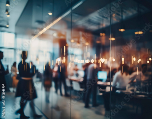 Soft blurred scene of an after-work office party with warm lights, silhouettes of colleagues, relaxed corporate atmosphere, casual gathering.