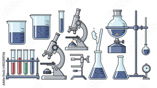 Laboratory equipment including beakers test tubes microscopes and flasks