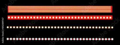vector illustration of a glowing neon sign, Marquee strip set, red led light ribbons on transparent background. Realistic neon light bulb, vector illustration. vintage marquee borders collection