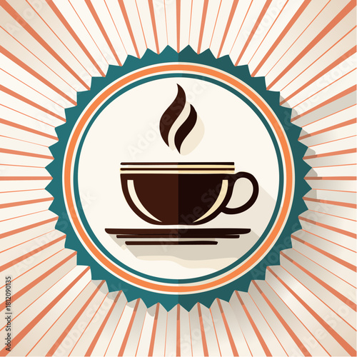 Retro-style vector illustration of a steaming hot coffee cup, featuring bold vintage lines and classic café aesthetics for nostalgic design themes