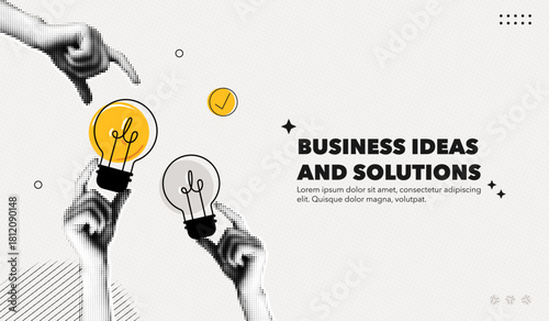 Trendy Halftone Collage Business ideas and solutions. Hands holding lightbulb. Startup idea. Investment tips. Creative poster with promotion text. Contemporary vector illustration art