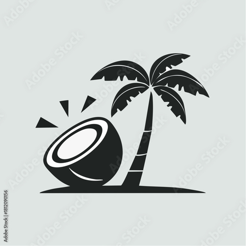 Black-and-white retro-style vector of a coconut tree with falling coconuts. Minimalist vintage design featuring bold lines and classic tropical imagery