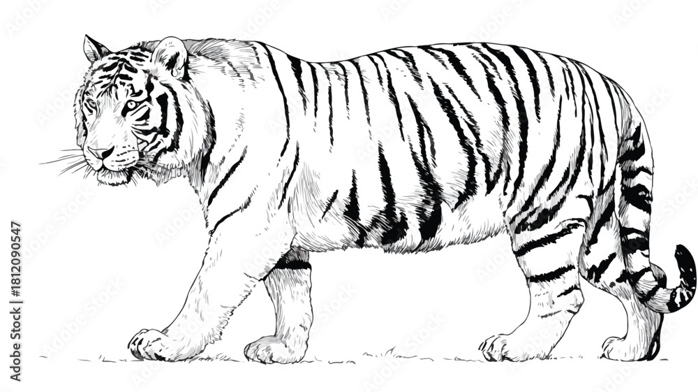 Fototapeta premium Majestic Tiger Drawing with Striped Tail in Black and White