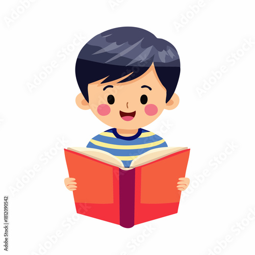 Vector illustration of a young boy reading a book, wearing a blue-and-white striped shirt. Cute, educational scene suitable for learning materials and children’s content