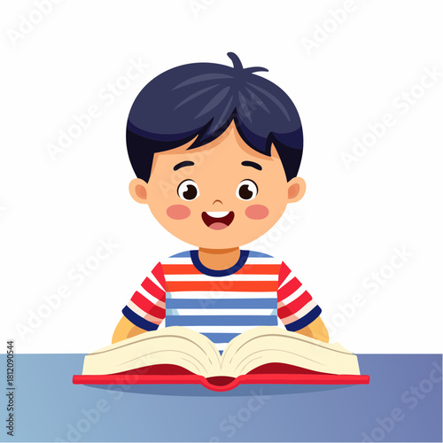 Vector illustration of a young boy reading a book, wearing a blue-and-white striped shirt. Cute, educational scene suitable for learning materials and children’s content