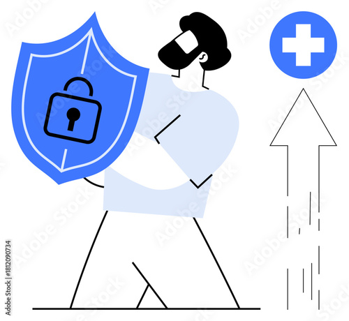 Man holding shield with lock icon, emphasizing security and protection. Blue cross and upward arrow reflect health, safety, growth. Ideal for cybersecurity, healthcare, safety, personal growth