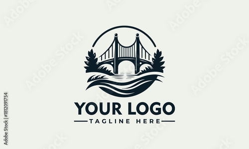 Elegant vector logo of a classic bridge over a river with pine trees, a circular emblem for travel or business design
