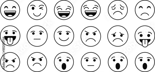 Large set of black and white vector outline emoji icons displaying various emotions, including happy, sad, angry, surprised, laughing, and neutral faces for communication design.