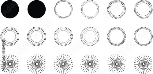Modern abstract vector shapes including filled circles, concentric segmented line patterns, and vintage style decorative explosion elements perfect for badges, logos, and borders.