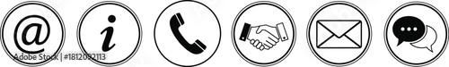 Modern linear style graphic collection of six circled icons representing connection methods like email address, general information, phone call, business deal, letter, and conversation.
