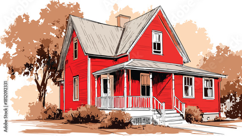 Vibrant Red House with a Red Roof and Front Porch