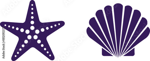 Elegant indigo starfish and scallop seashell vector illustration perfect for summer vacation designs and coastal themed graphics offering a modern and sophisticated aesthetic for creative projects