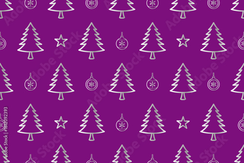 Seamless pattern of silver line-art illustrations of Christmas trees, stars, and ornaments arranged across a rich purple background.