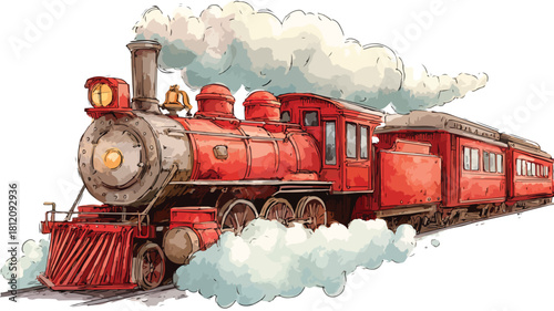 Red Train with Front Train and Smoke, Transportation Industry Illustration