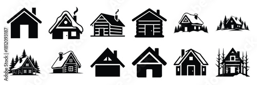 winter cabin icon set. silhouette Vector illustration.