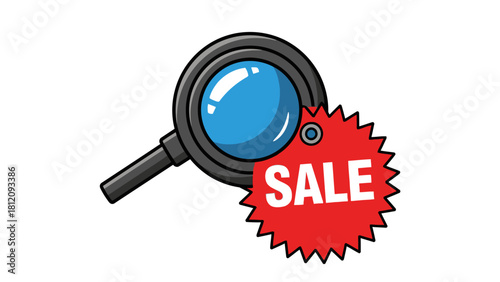 Magnifying glass with a red starburst sale tag