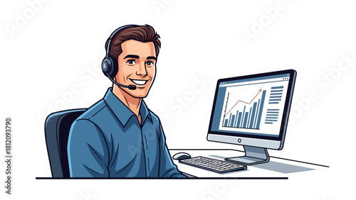 Man in headset at desk with computer showing analytics