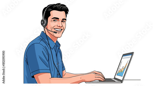 Man in headset smiling at computer with charts