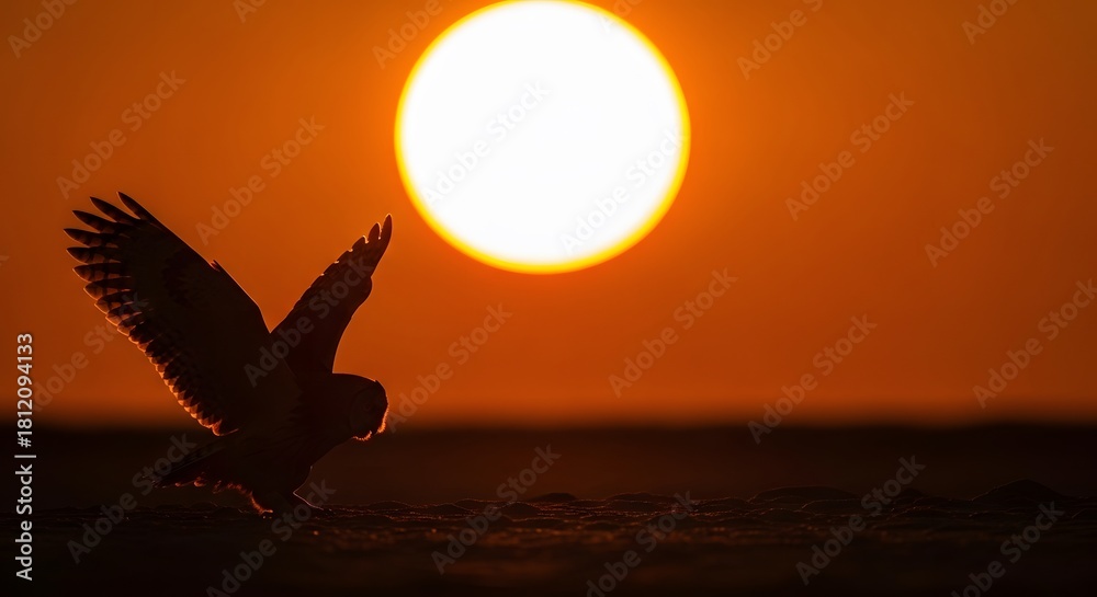 Naklejka premium Majestic owl in silhouette with outstretched wings, captured against a brilliant orange sunset or sunrise on textured ground.