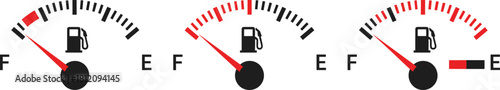 Vector illustration of car petrol gauges with varying needle positions from Full to Empty for monitoring gas consumption and vehicle performance.Vector illustration of car petrol gauges