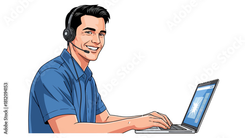 Man with headset typing on a laptop