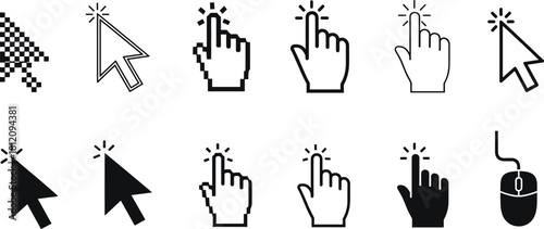 Vector icon set featuring various black mouse cursors, pixelated arrows, click hands, and a computer mouse, symbolizing digital interaction, web navigation, and selection.